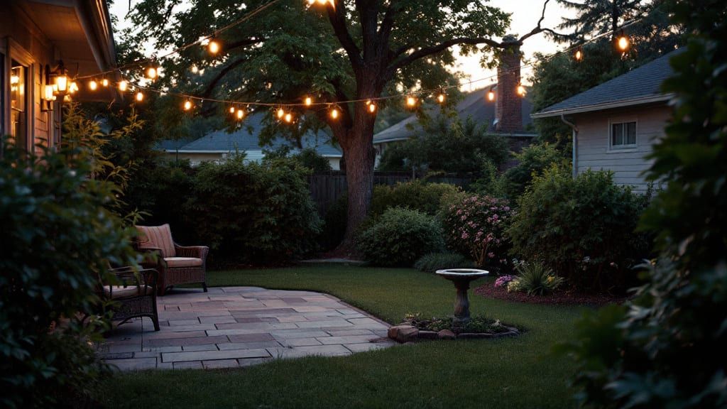 A suburban backyard at dusk with string lights over the patio