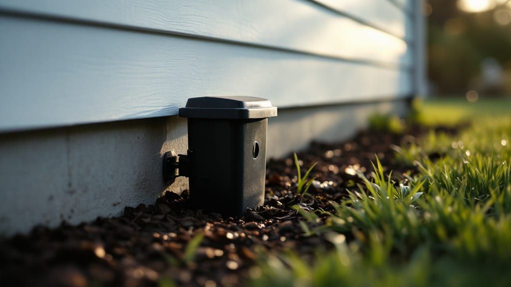 A black rodent bait station set against a house foundation, dew on the grass in early light