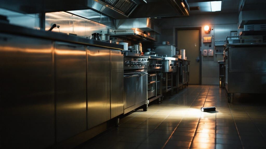 An empty commercial kitchen at night with a flashlight lying on the floor