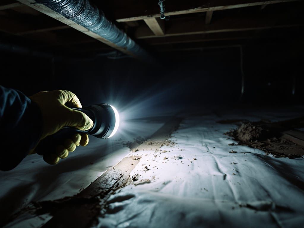 A gloved hand shining a flashlight across floor joists in a residential crawlspace