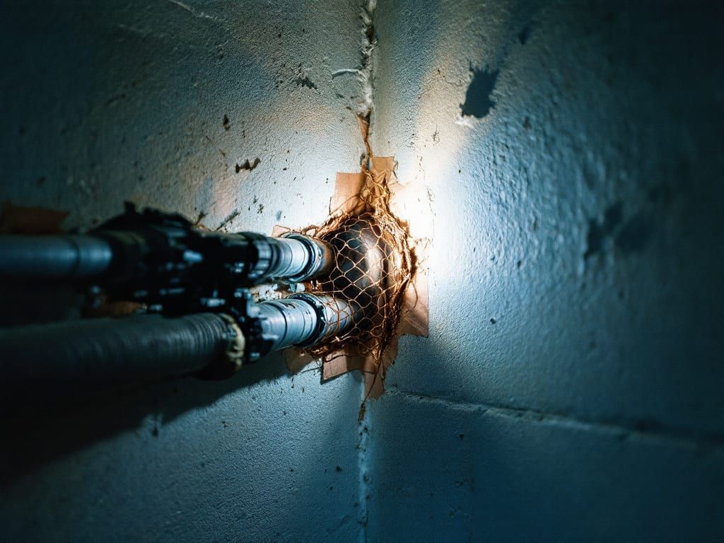 A pipe entering a garage wall with the gap packed with copper mesh and sealed