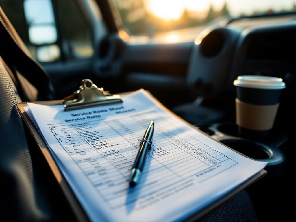 A clipboard with a service route sheet on the seat of a work truck