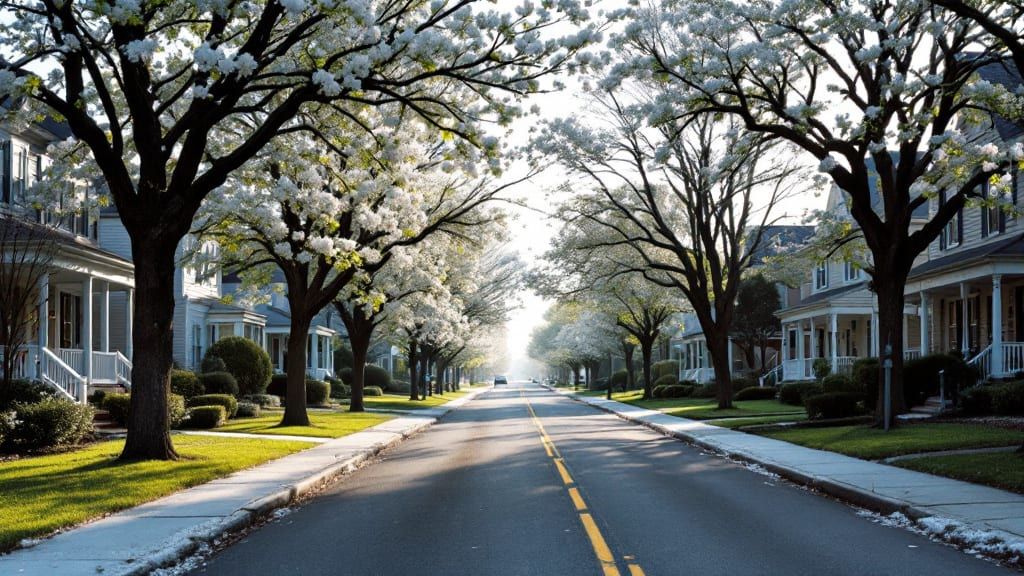 A quiet suburban street in early spring with flowering trees