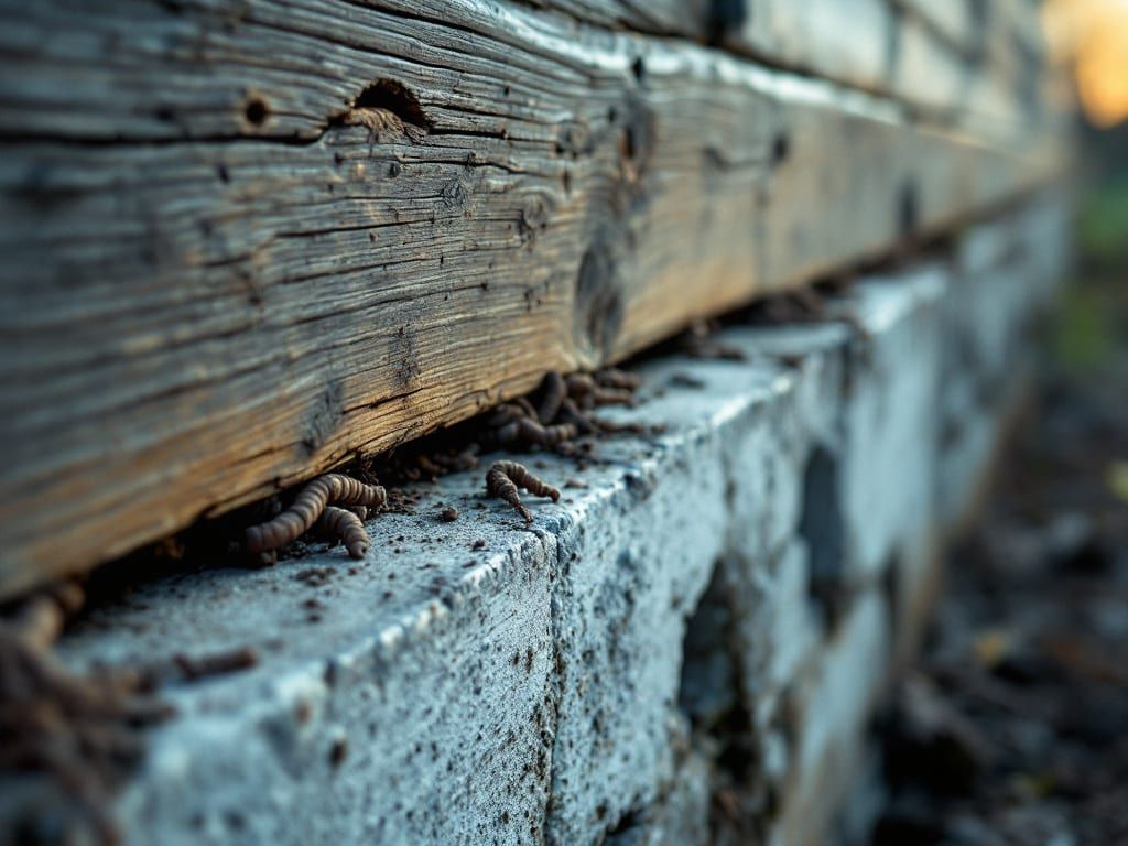 Mud tubes on a block foundation below a damaged wooden sill plate