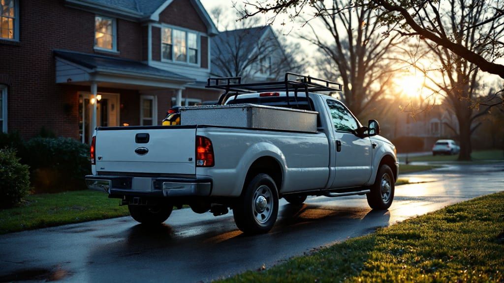 An unmarked white work truck parked in a suburban driveway at dawn