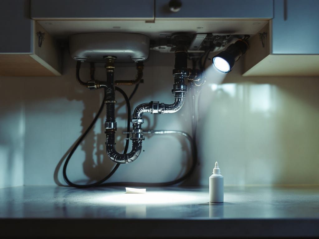 A flashlight beam inspecting the back of a kitchen sink cabinet